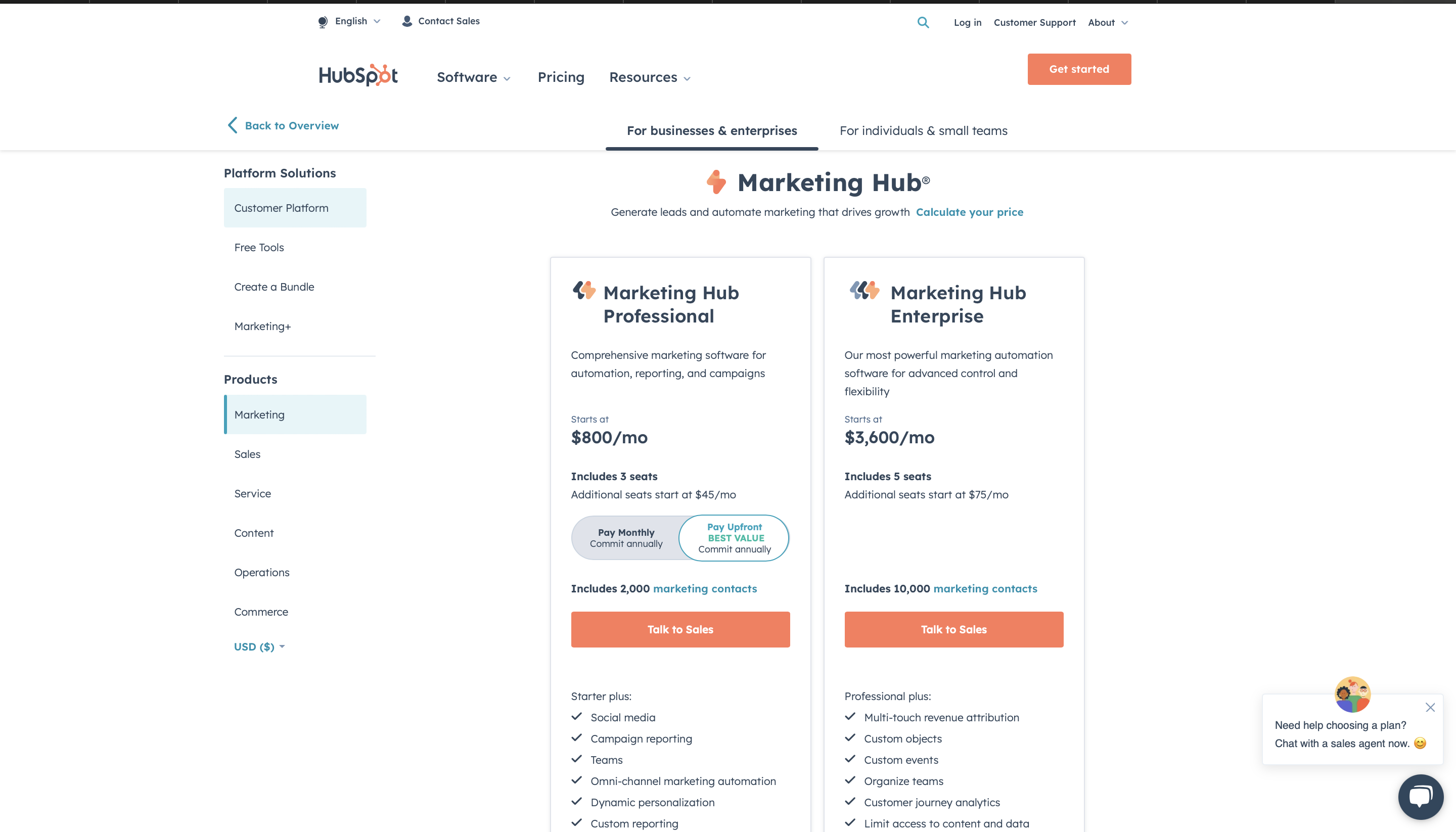 Hubspot pricing page