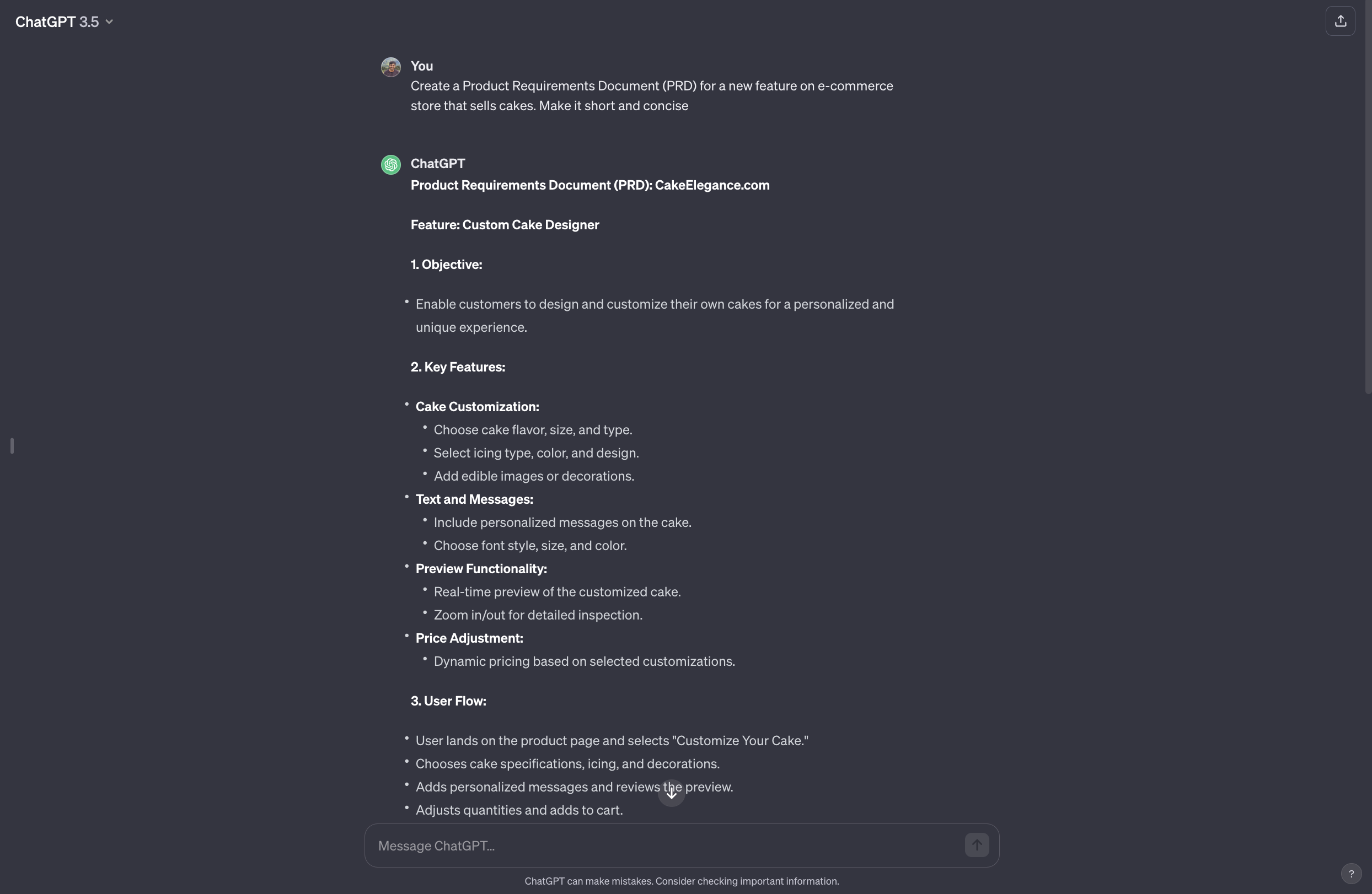 chatgpt image showing a sample product plan outline